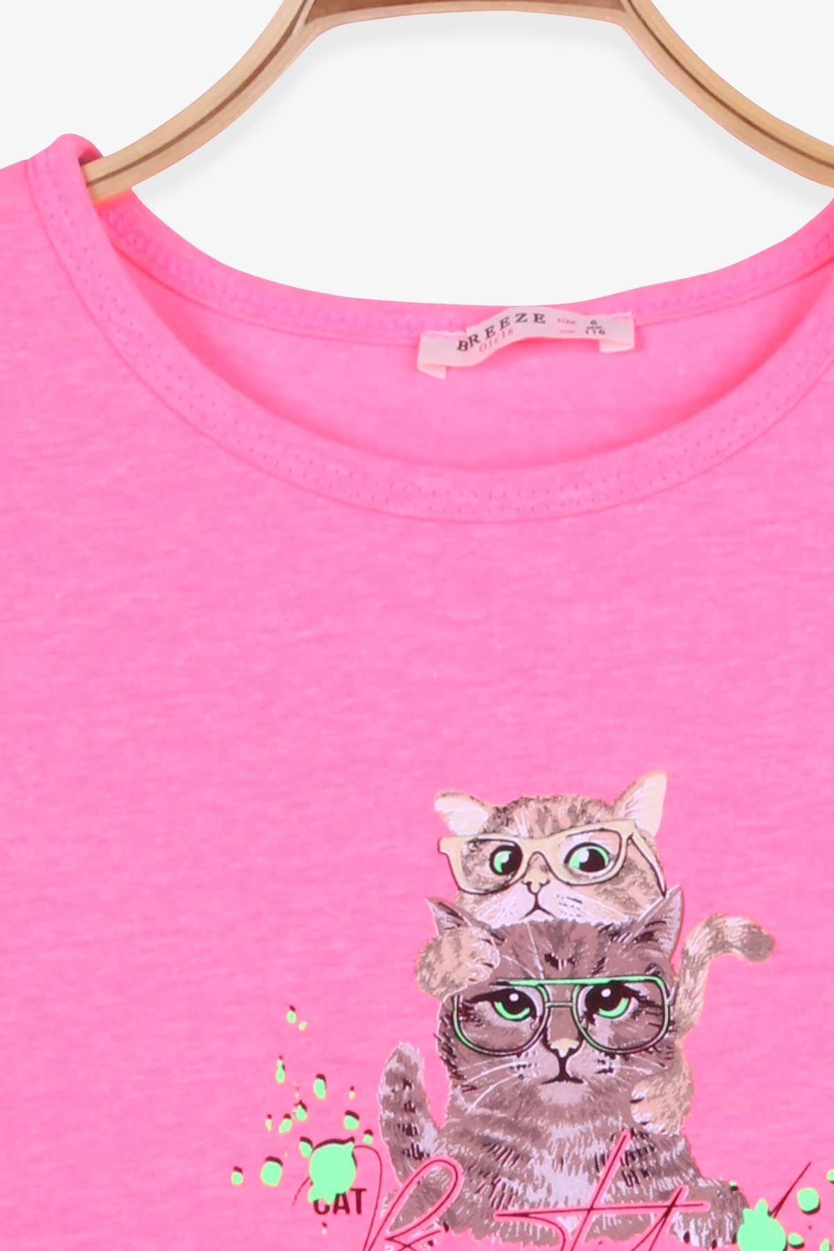 Breeze Kız Çocuk Tişört Kedi Baskılı Neon Pembe (6-10 Yaş)