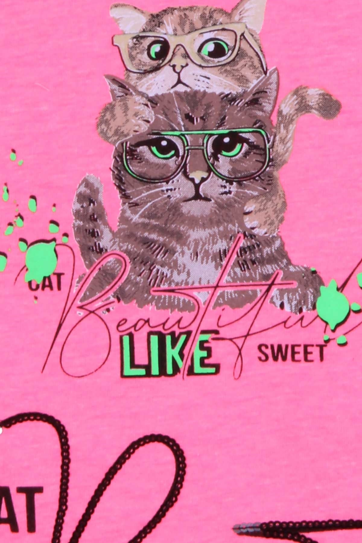 Breeze Kız Çocuk Tişört Kedi Baskılı Neon Pembe (6-10 Yaş)