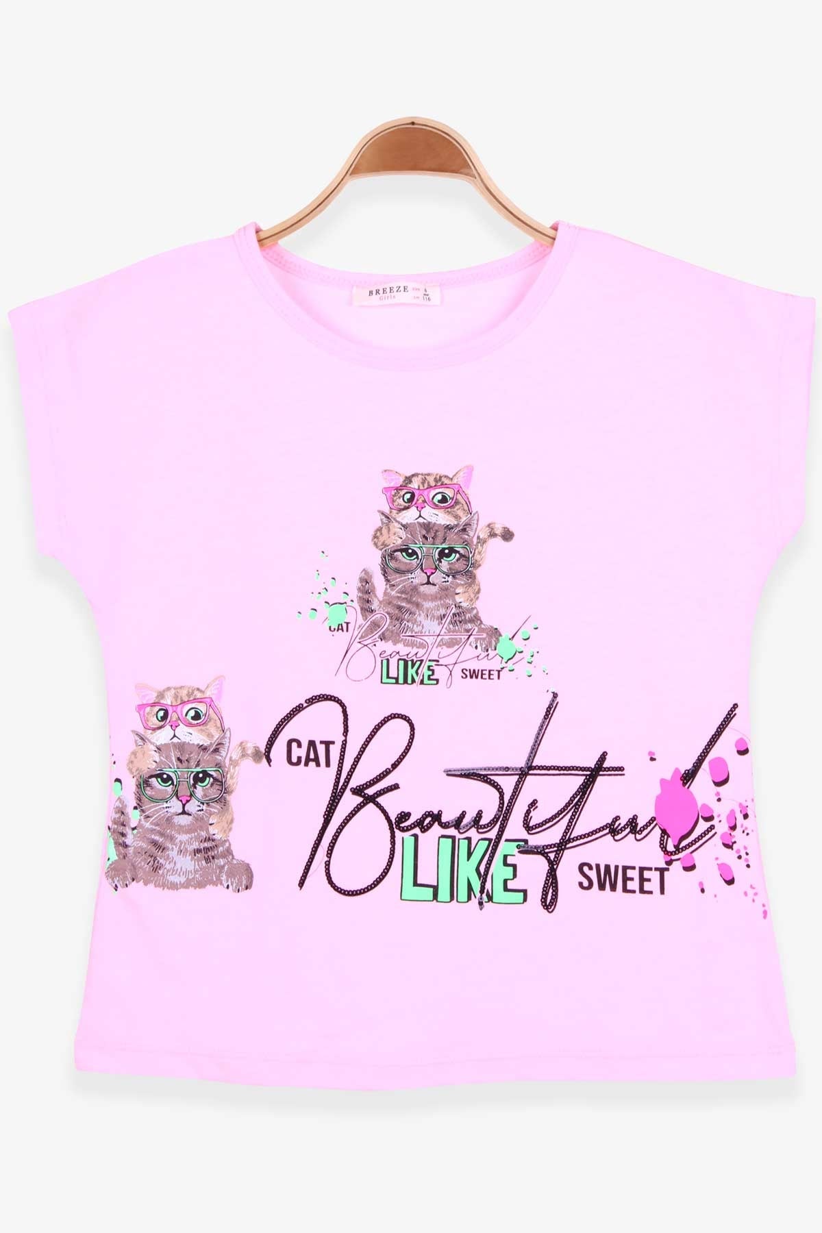 Breeze Kız Çocuk Tişört Kedi Baskılı Pudra (6-10 Yaş)