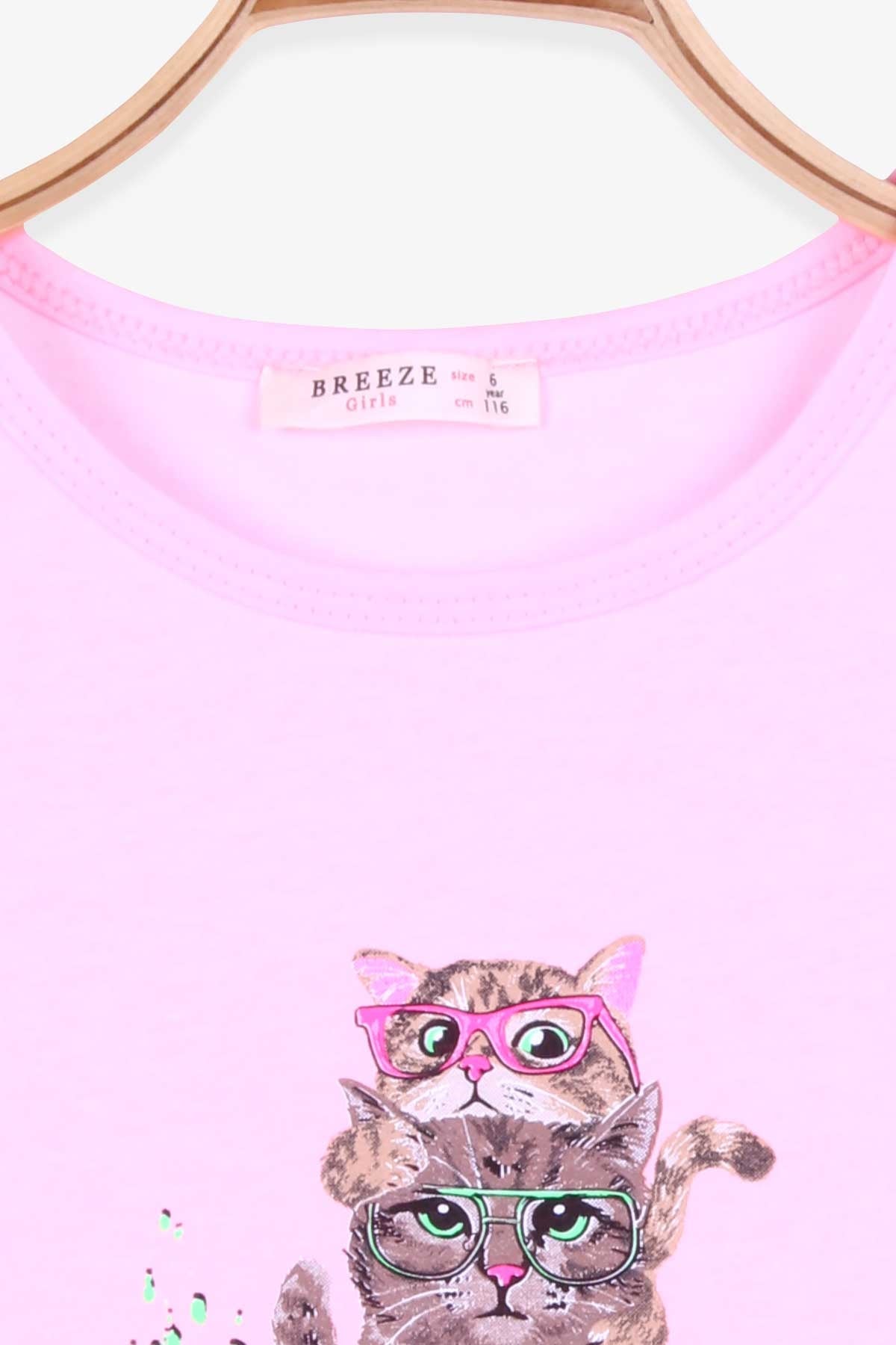 Breeze Kız Çocuk Tişört Kedi Baskılı Pudra (6-10 Yaş)