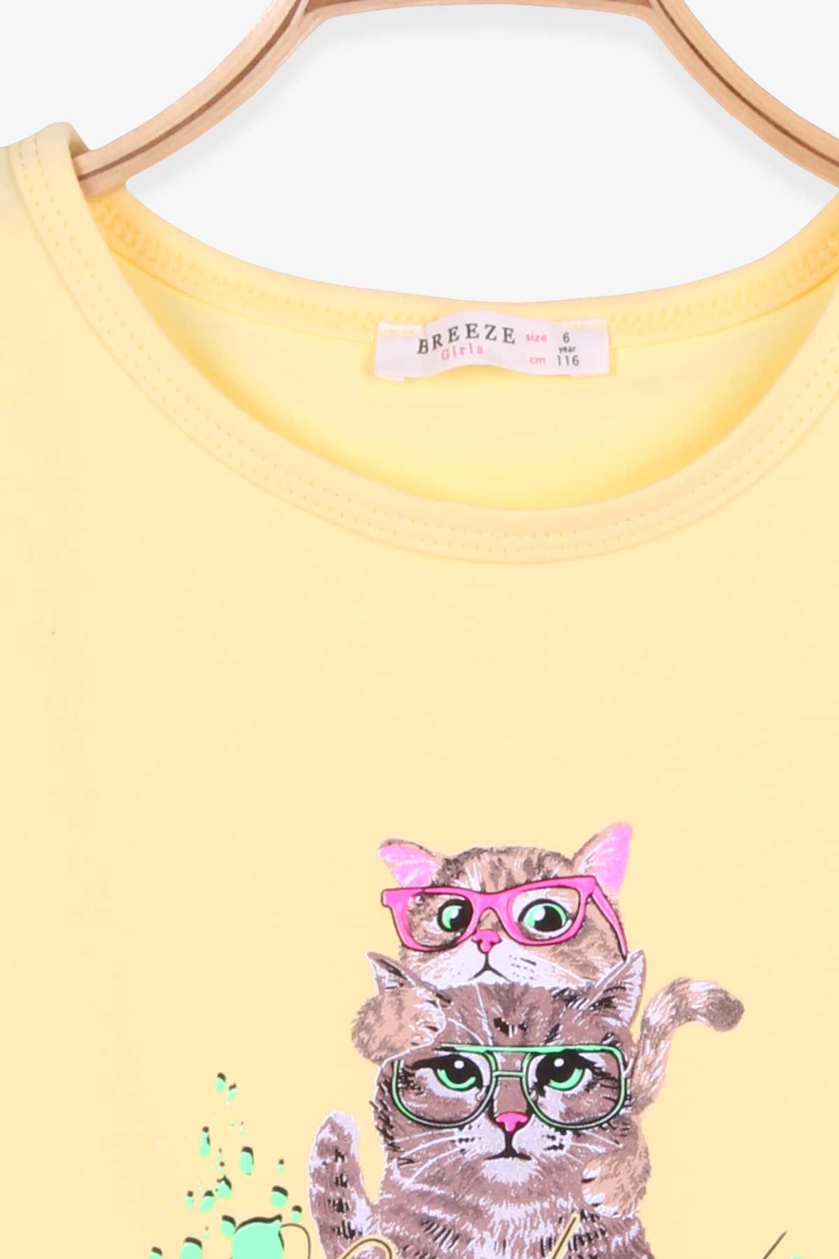Breeze Kız Çocuk Tişört Kedi Baskılı Sarı (6-10 Yaş)