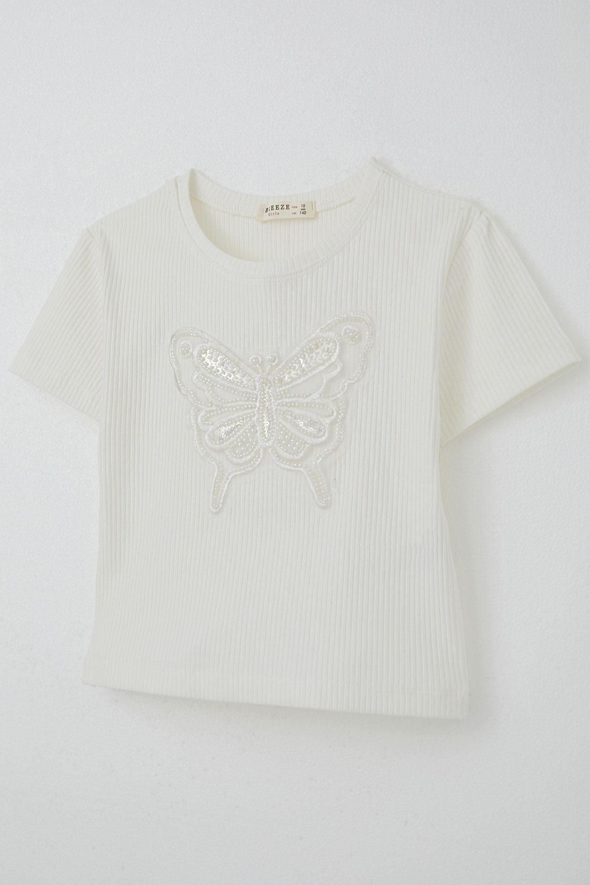Breeze Kız Çocuk Tişört Kelebek Armalı İnci & Pul Detaylı Ekru (9-14 Yaş)
