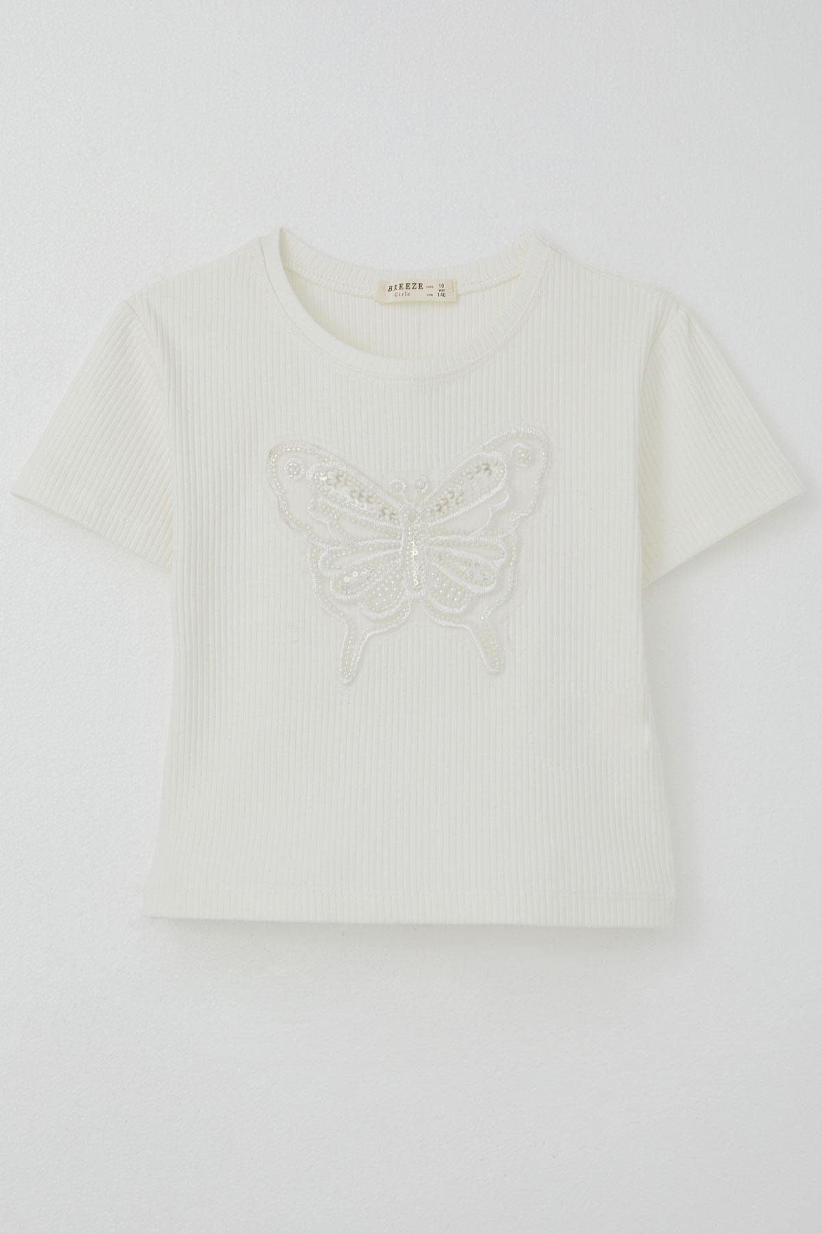 Breeze Kız Çocuk Tişört Kelebek Armalı İnci & Pul Detaylı Ekru (9-14 Yaş)