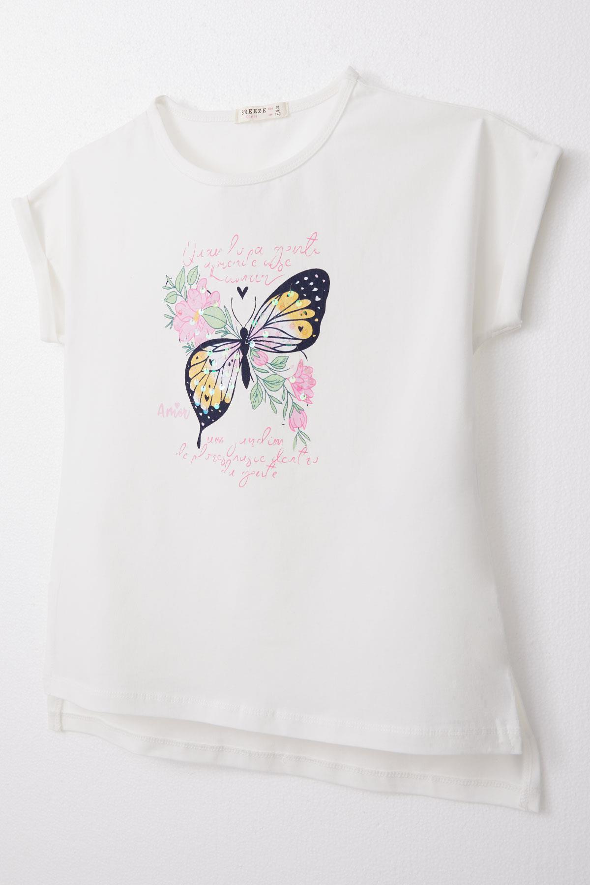 Breeze Kız Çocuk Tişört Kelebek Baskılı Ekru (10-16 Yaş)
