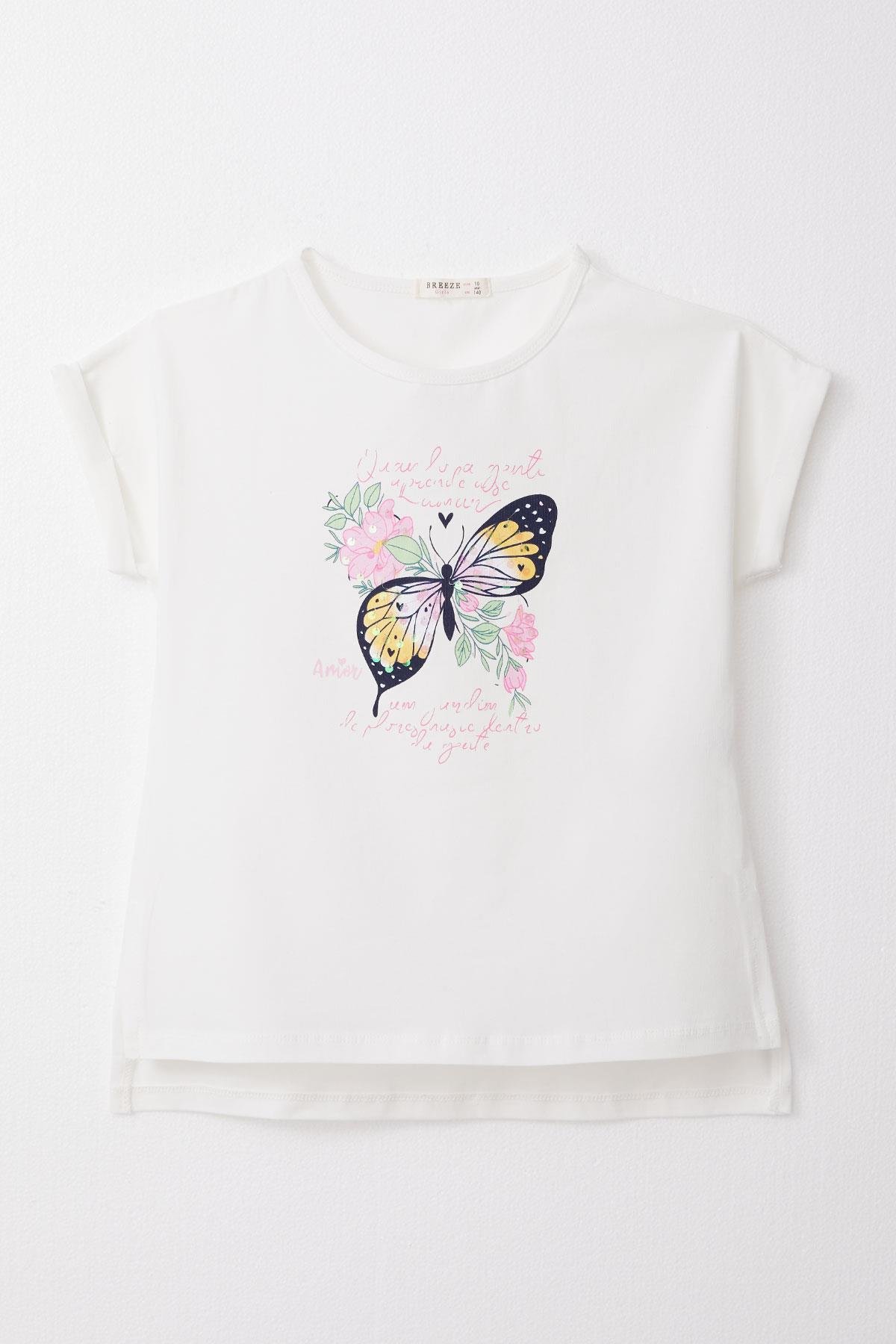 Breeze Kız Çocuk Tişört Kelebek Baskılı Ekru (10-16 Yaş)