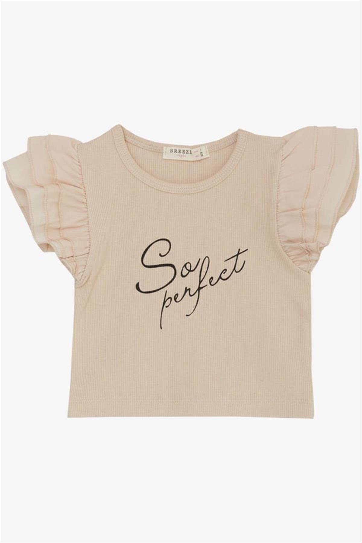 Breeze Kız Çocuk Tişört Kemer Boy Kolları Krep Kumaş Fırfırlı Bej (3-7 Yaş)