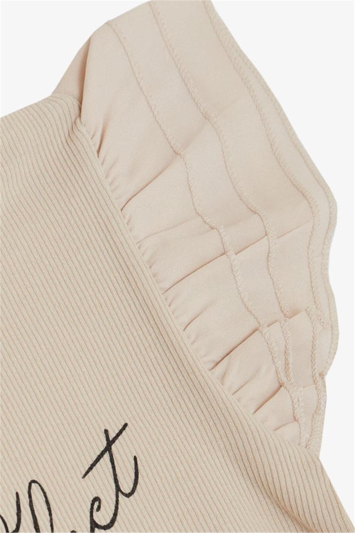 Breeze Kız Çocuk Tişört Kemer Boy Kolları Krep Kumaş Fırfırlı Bej (3-7 Yaş)