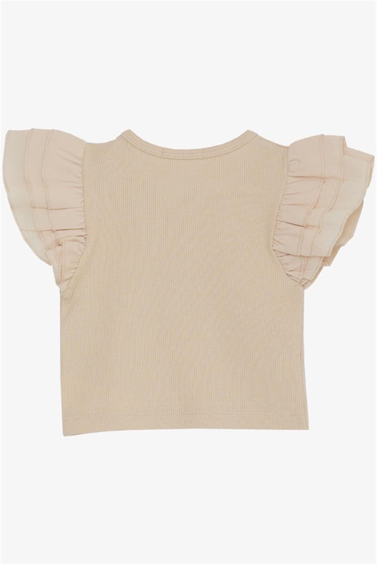 Breeze Kız Çocuk Tişört Kemer Boy Kolları Krep Kumaş Fırfırlı Bej (3-7 Yaş)