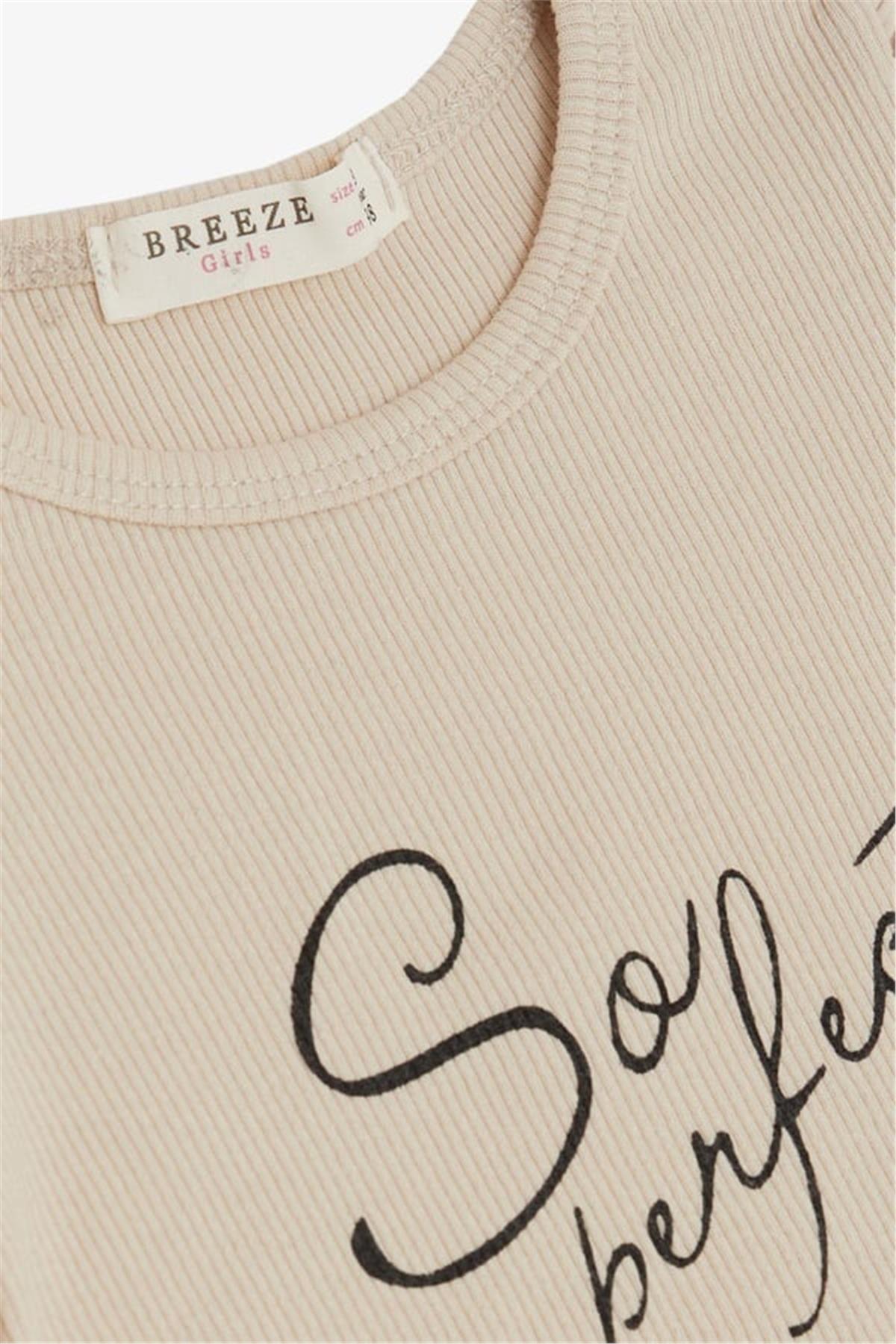 Breeze Kız Çocuk Tişört Kemer Boy Kolları Krep Kumaş Fırfırlı Bej (3-7 Yaş)