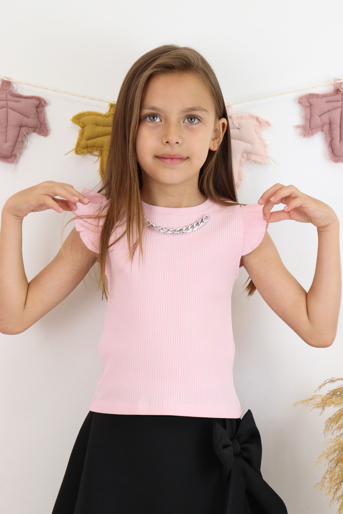 Breeze Kız Çocuk Tişört Kemer Boy Yakası Zincir Aksesuarlı Pembe (10-14 Yaş)
