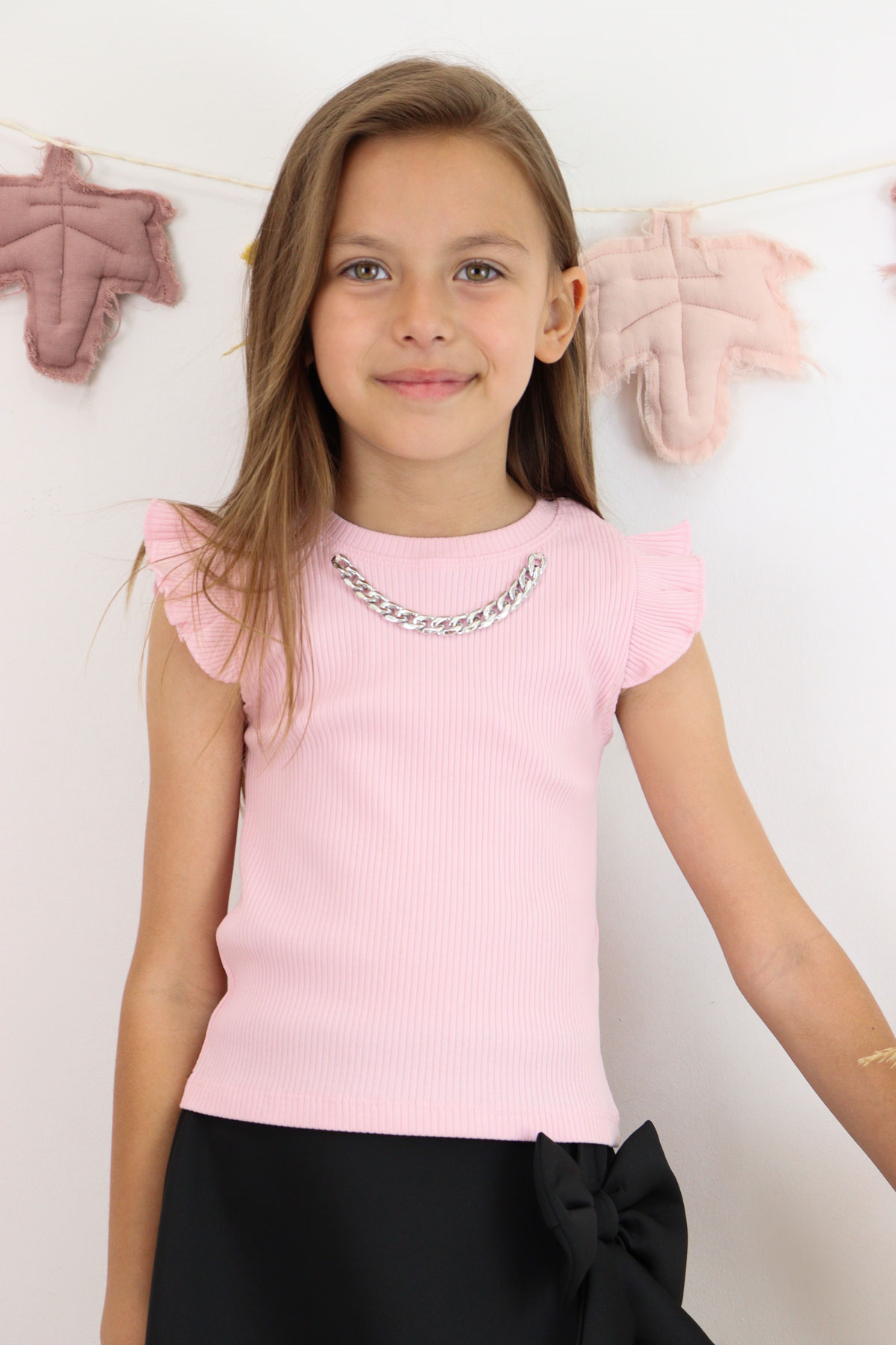 Breeze Kız Çocuk Tişört Kemer Boy Yakası Zincir Aksesuarlı Pembe (10-14 Yaş)
