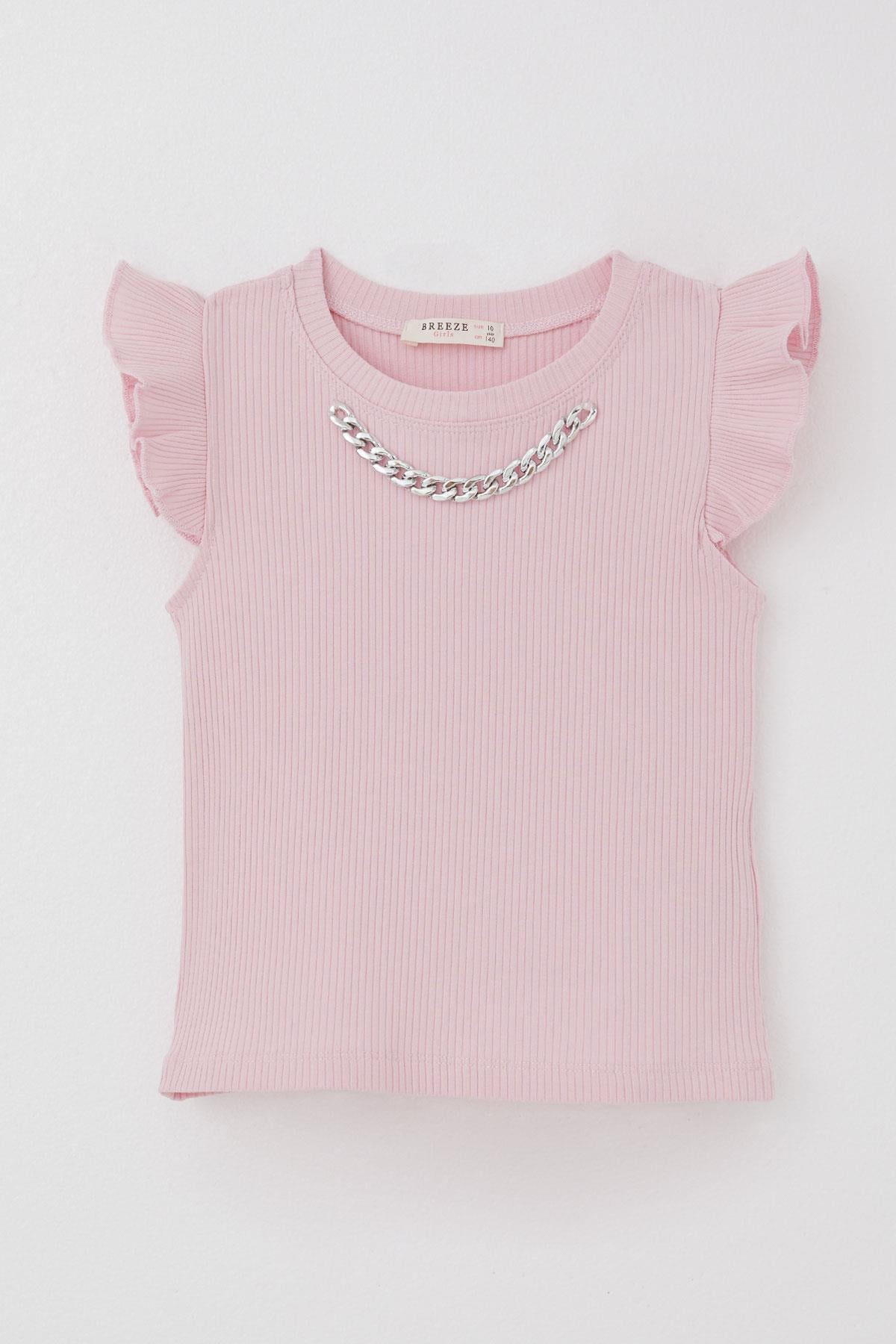 Breeze Kız Çocuk Tişört Kemer Boy Yakası Zincir Aksesuarlı Pembe (10-14 Yaş)