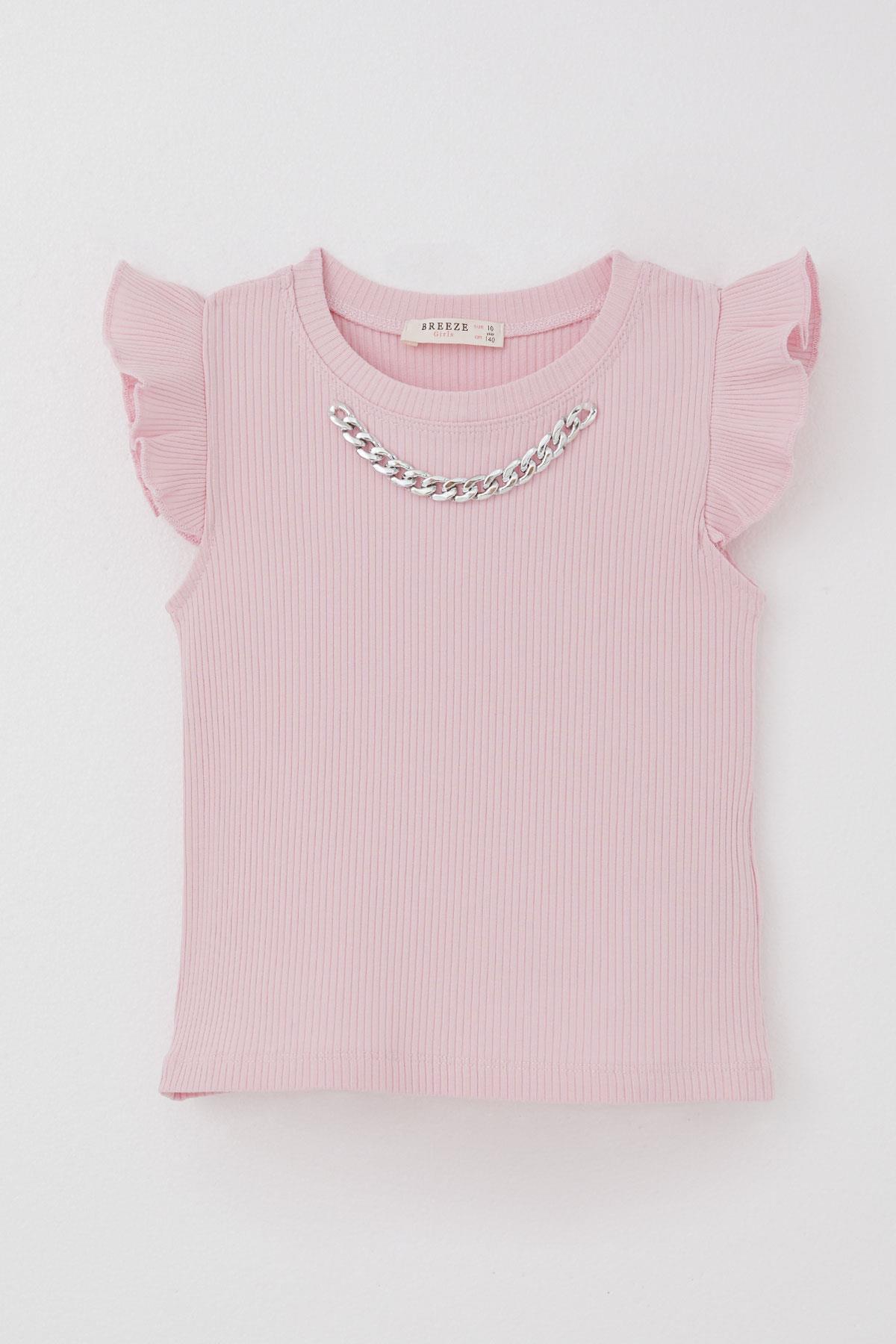 Breeze Kız Çocuk Tişört Kemer Boy Yakası Zincir Aksesuarlı Pembe (9-14 Yaş)