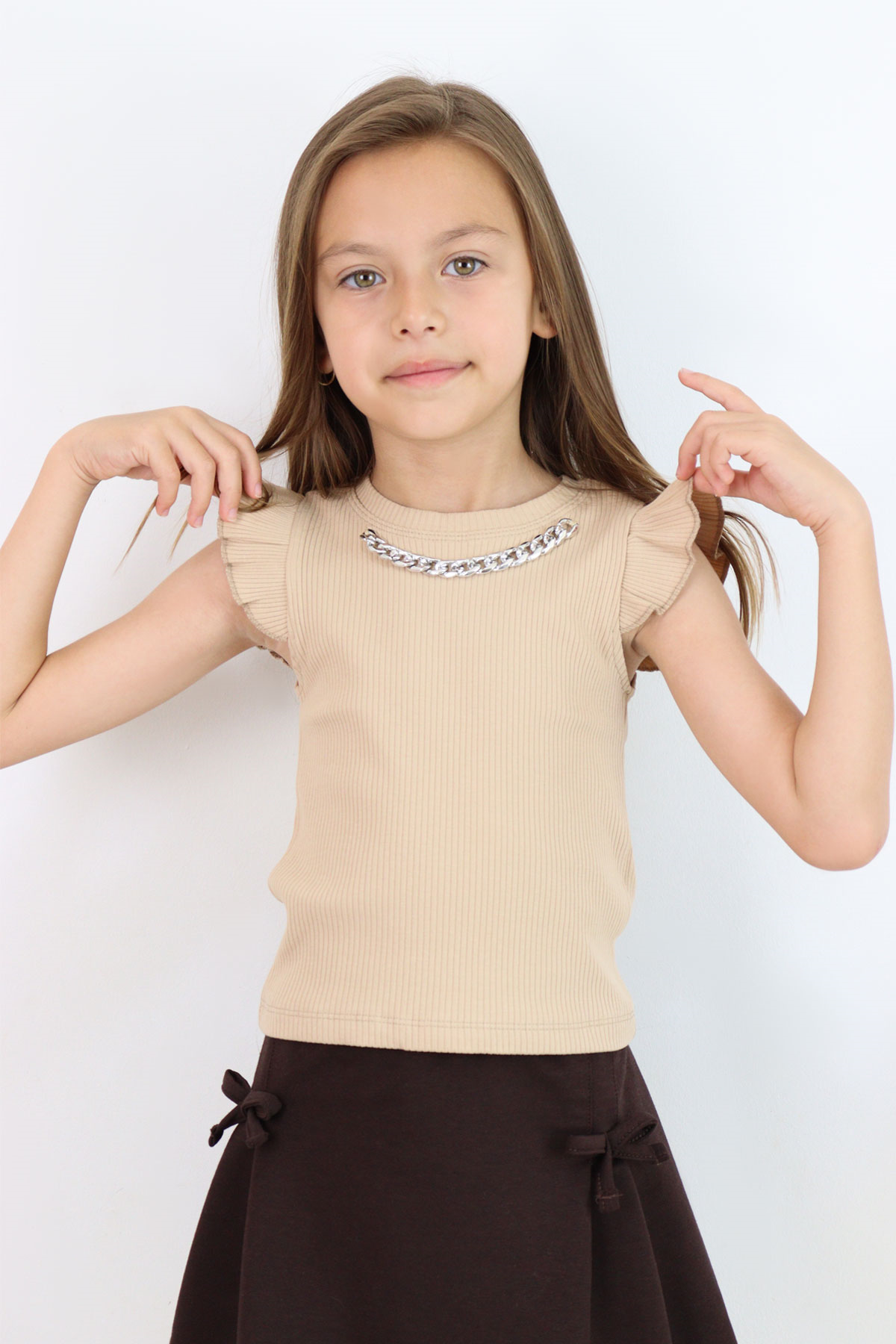 Breeze Kız Çocuk Tişört Kemer Boy Yakası Zincir Aksesuarlı Kahverengi (9-14 Yaş)