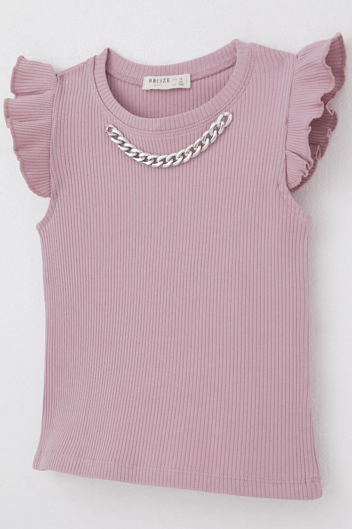 Breeze Kız Çocuk Tişört Kemer Boy Yakası Zincir Aksesuarlı Gülkurusu (9-14 Yaş)