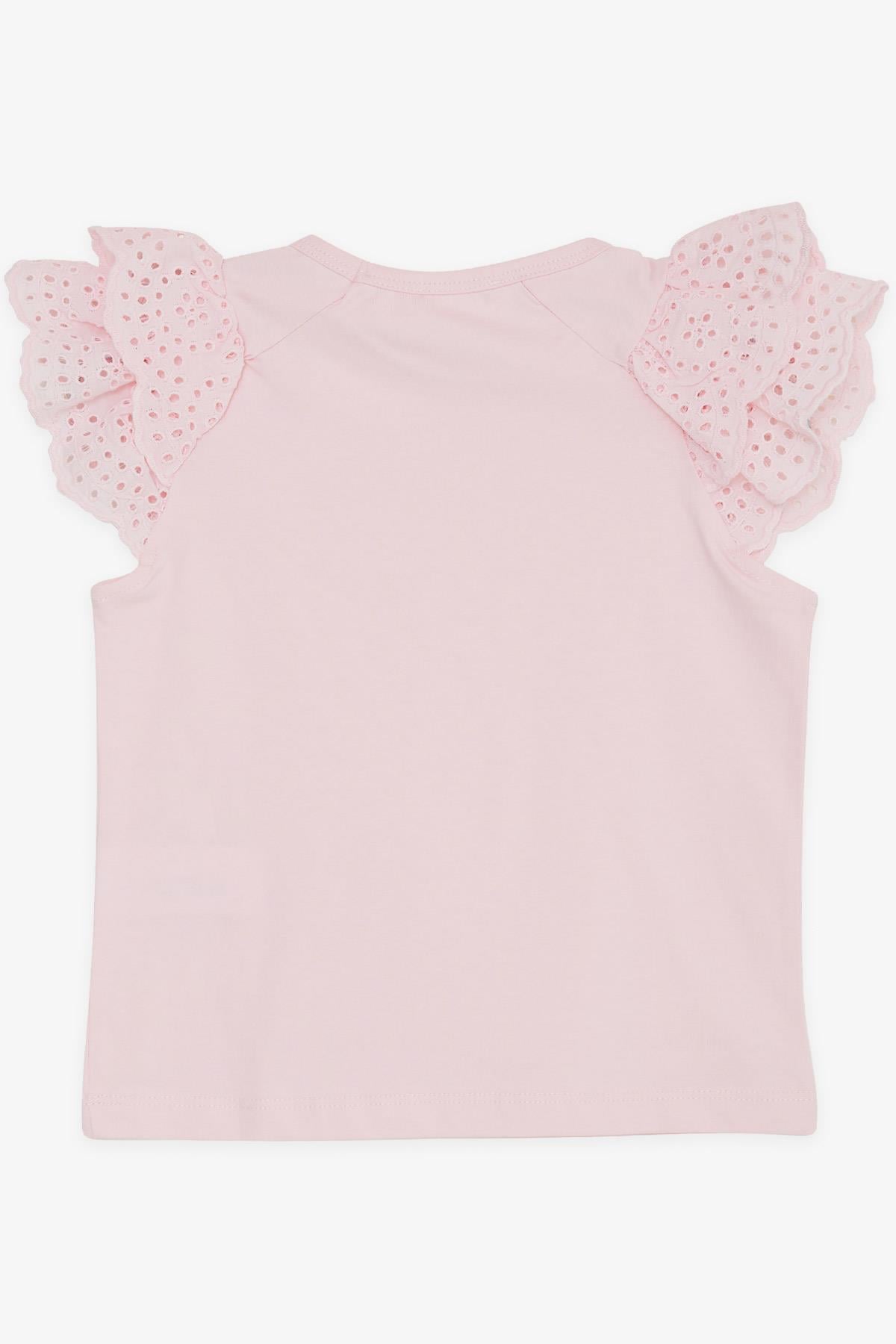 Breeze Kız Çocuk Tişört Kolları Güpürlü Nakışlı Pembe (3-8 Yaş)