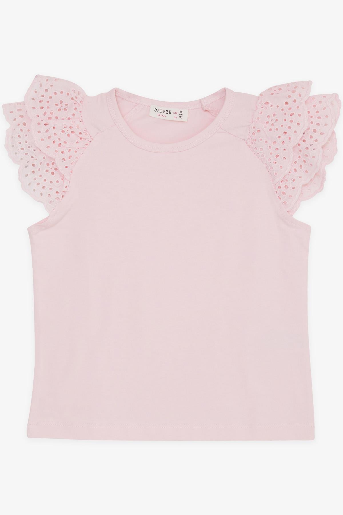 Breeze Kız Çocuk Tişört Kolları Güpürlü Nakışlı Pembe (3-8 Yaş)