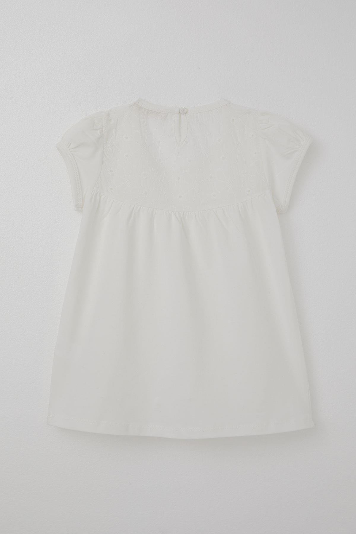 Breeze Kız Çocuk Tişört Nakışlı Çiçek İşlemeli Ekru (4-8 Yaş)