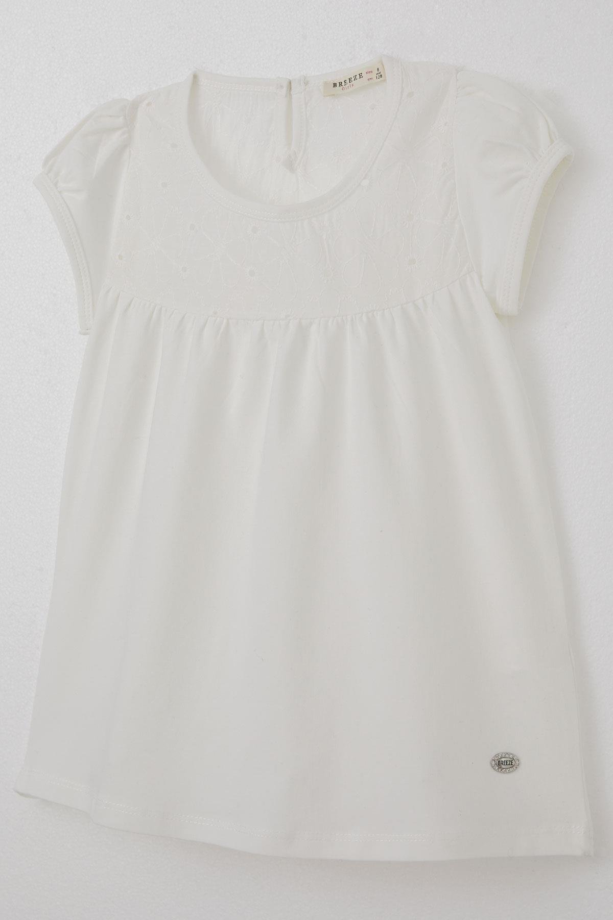 Breeze Kız Çocuk Tişört Nakışlı Çiçek İşlemeli Ekru (4-8 Yaş)