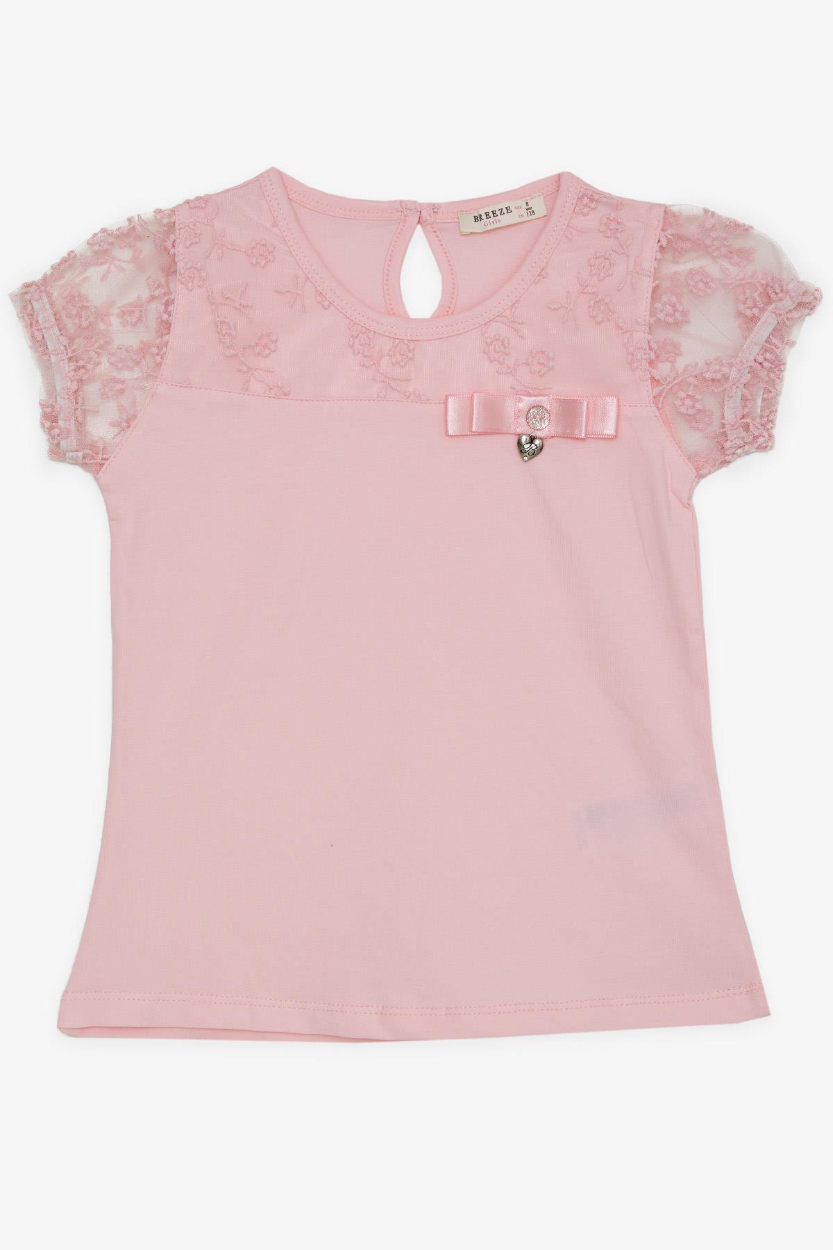 Breeze Kız Çocuk Tişört Nakışlı Kolları Tül Lastikli Pembe (5-10 Yaş)