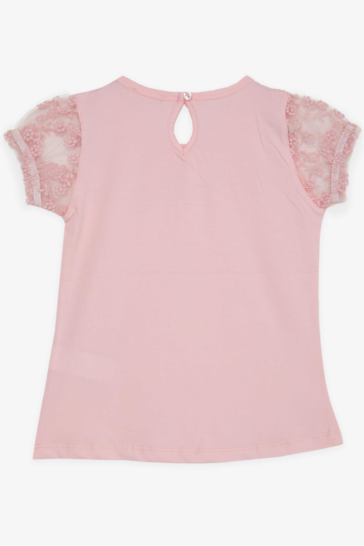 Breeze Kız Çocuk Tişört Nakışlı Kolları Tül Lastikli Pembe (5-10 Yaş)
