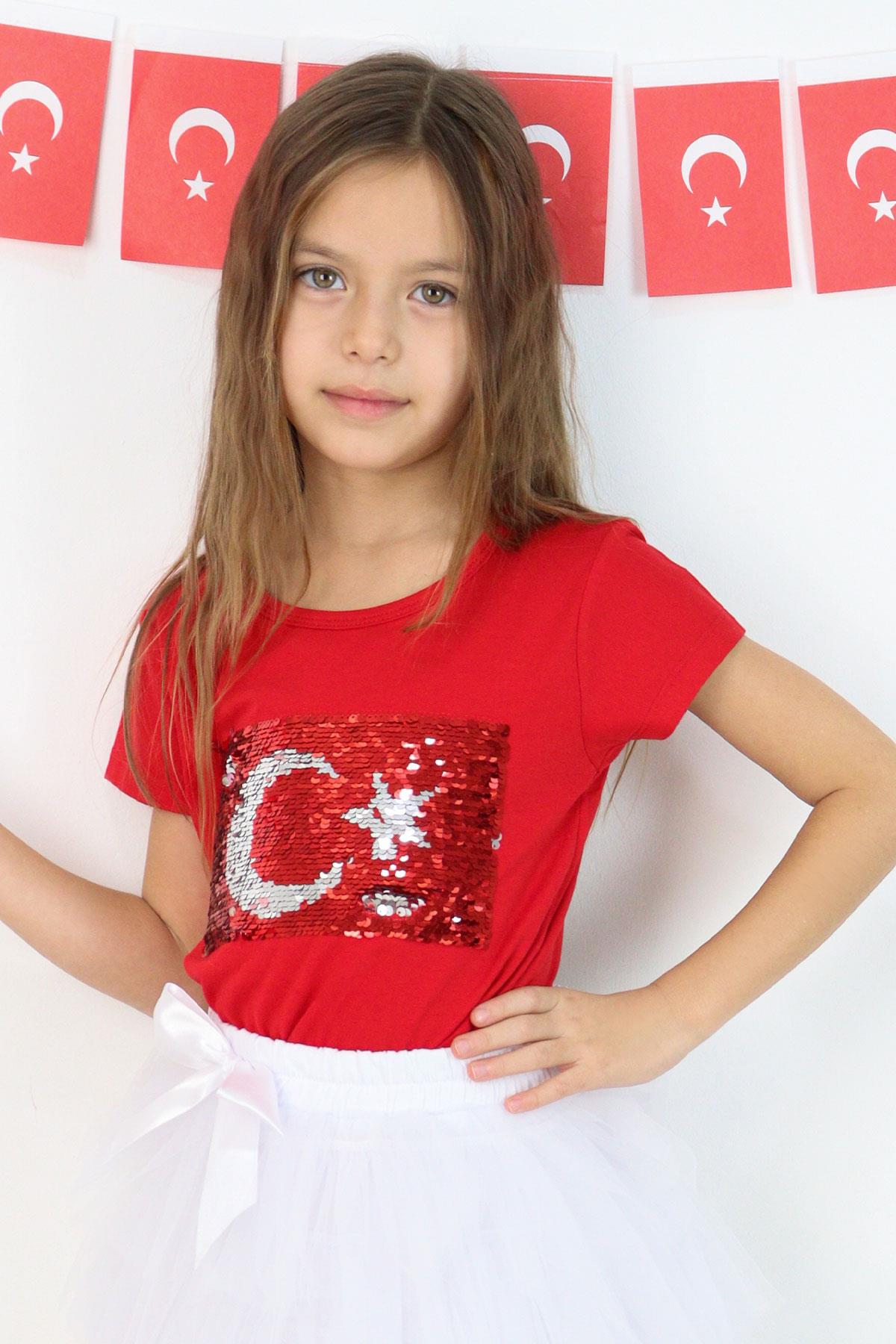 Breeze Kız Çocuk Tişört Pullu Ay Yıldızlı Kırmızı (4-14 Yaş)