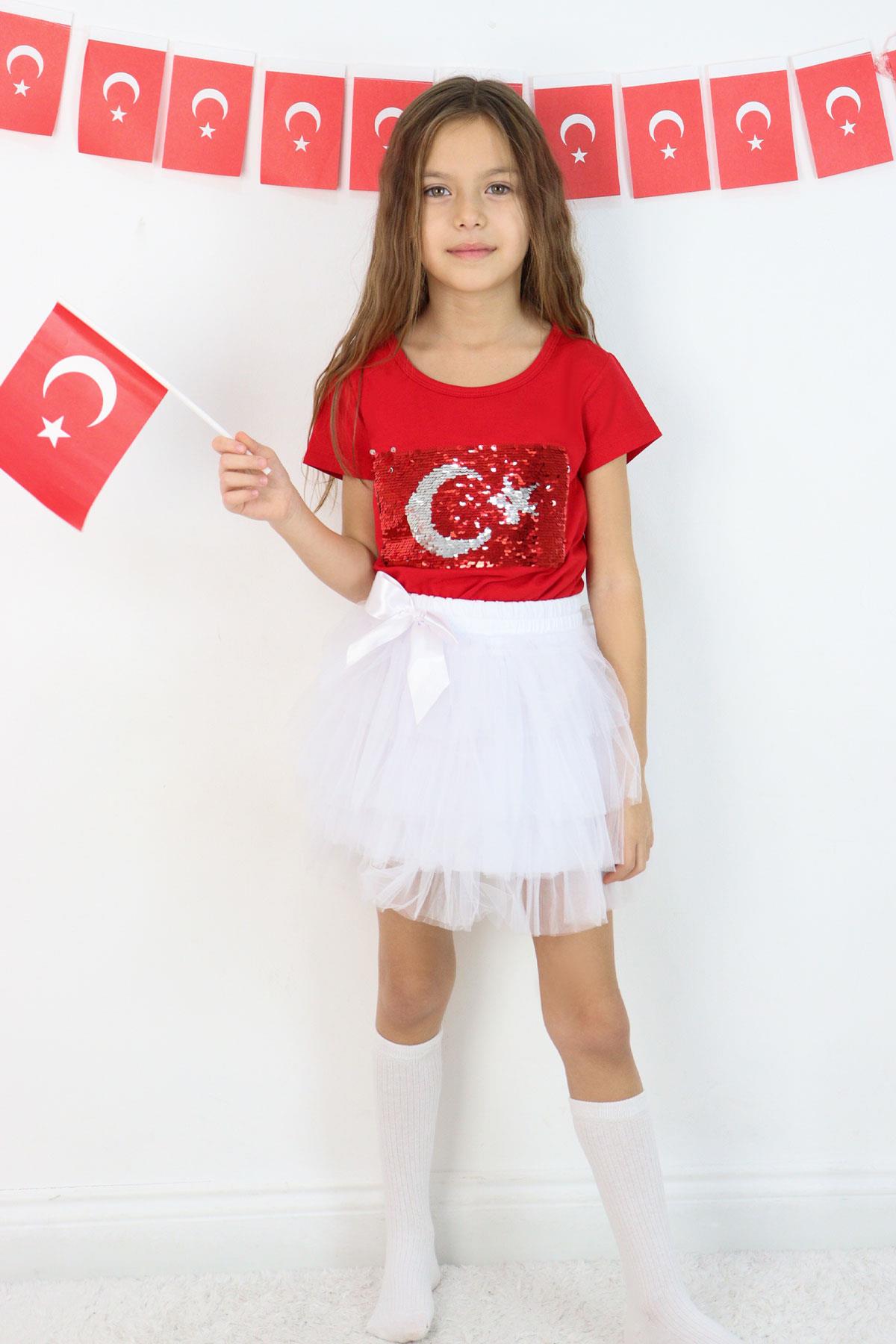 Breeze Kız Çocuk Tişört Pullu Ay Yıldızlı Kırmızı (4-14 Yaş)