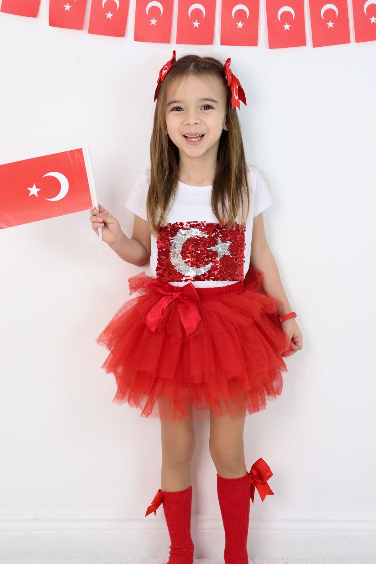 Breeze Kız Çocuk Tişört Pullu Ay Yıldızlı Beyaz (4-14 Yaş)