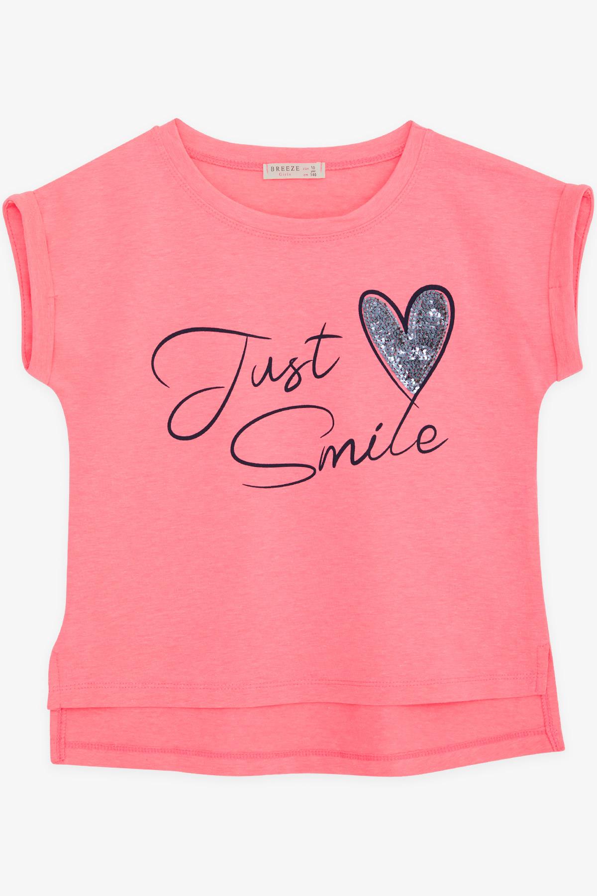 Breeze Kız Çocuk Tişört Pullu Kalp Baskılı Neon Pembe (10-16 Yaş)