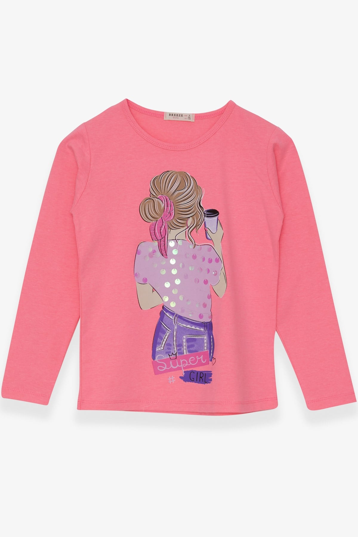Breeze Kız Çocuk Tişört Pullu Kız Baskılı Neon Pembe (9-14 Yaş)