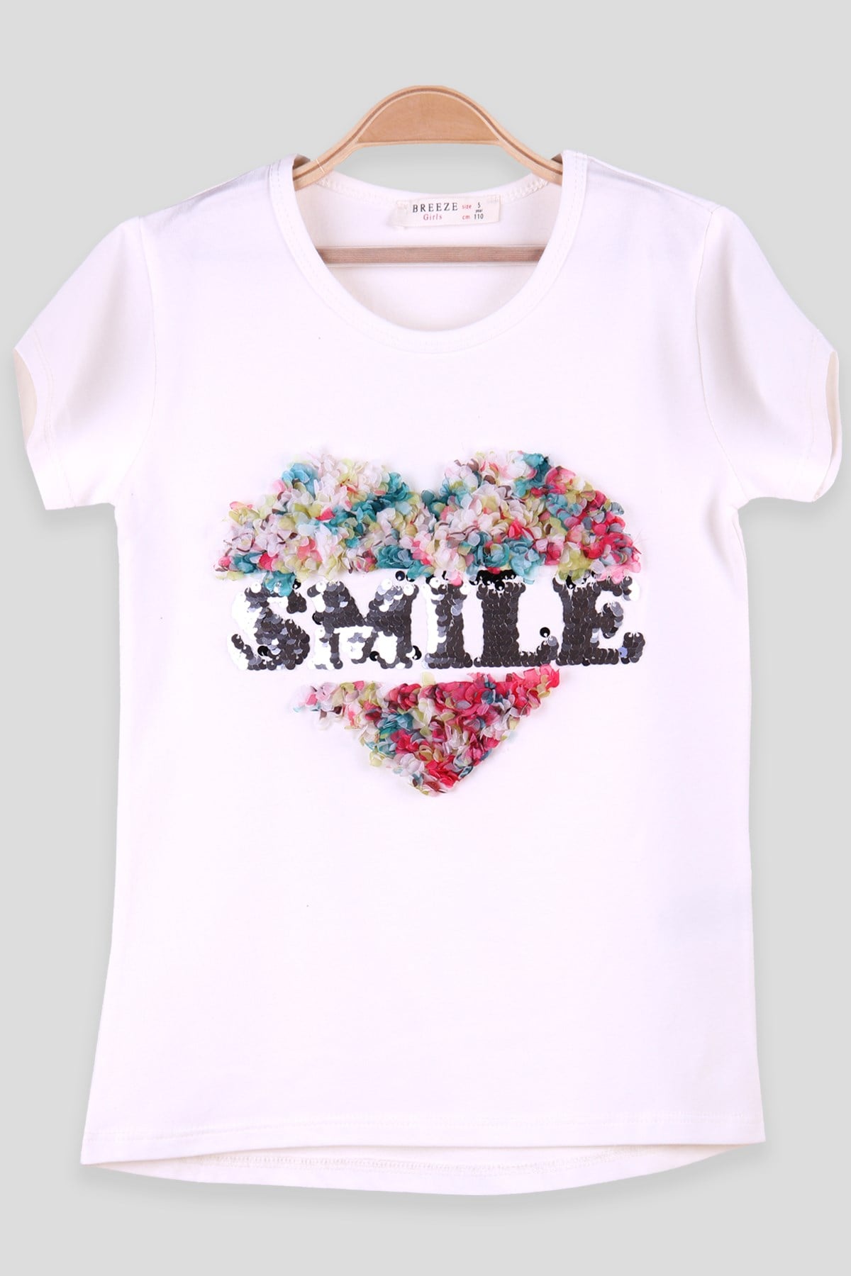 Breeze Kız Çocuk Tişört Pullu Smıle İşlemeli Ekru (5-10 Yaş)