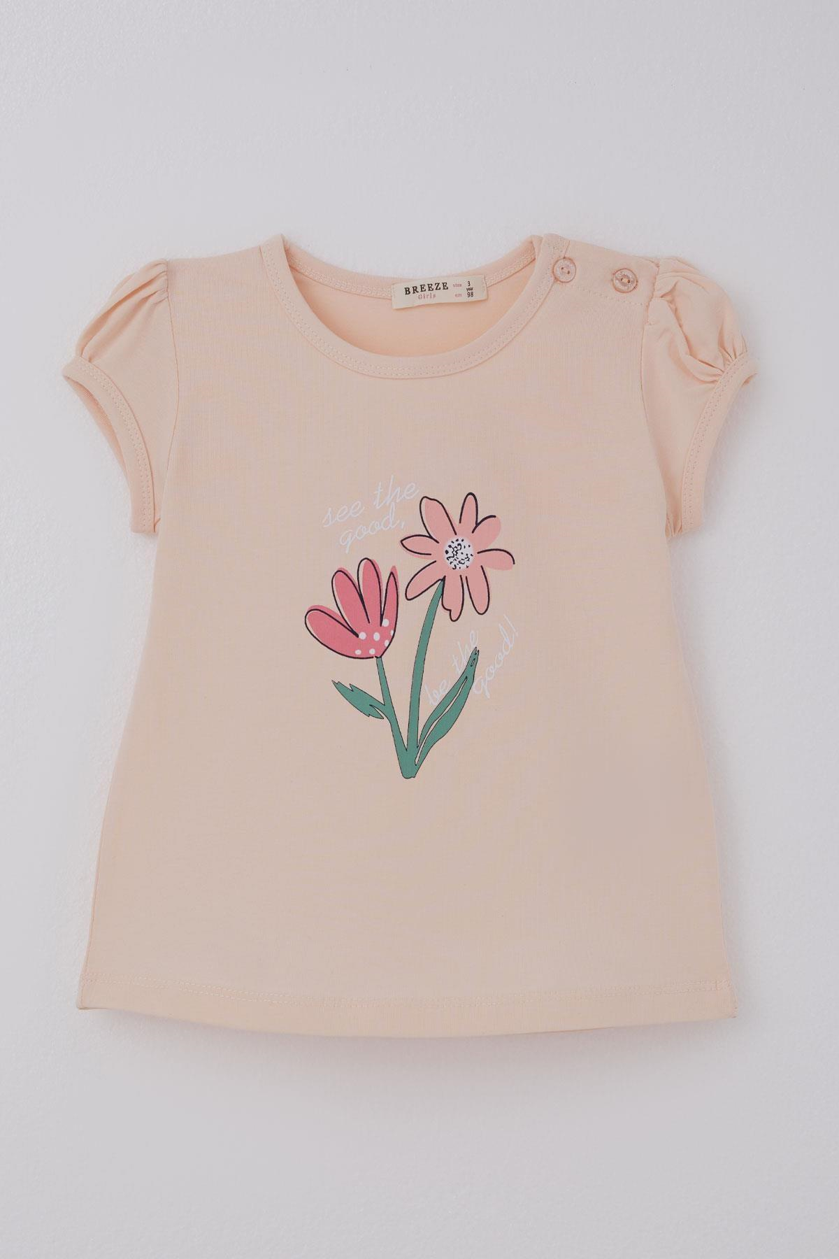Breeze Kız Çocuk Tişört Renkli Çiçek Baskılı Pudra (1.5-5 Yaş)