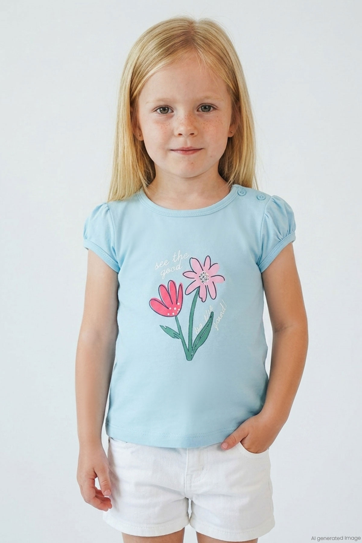 Breeze Kız Çocuk Tişört Renkli Çiçek Baskılı Mavi (1.5-5 Yaş)