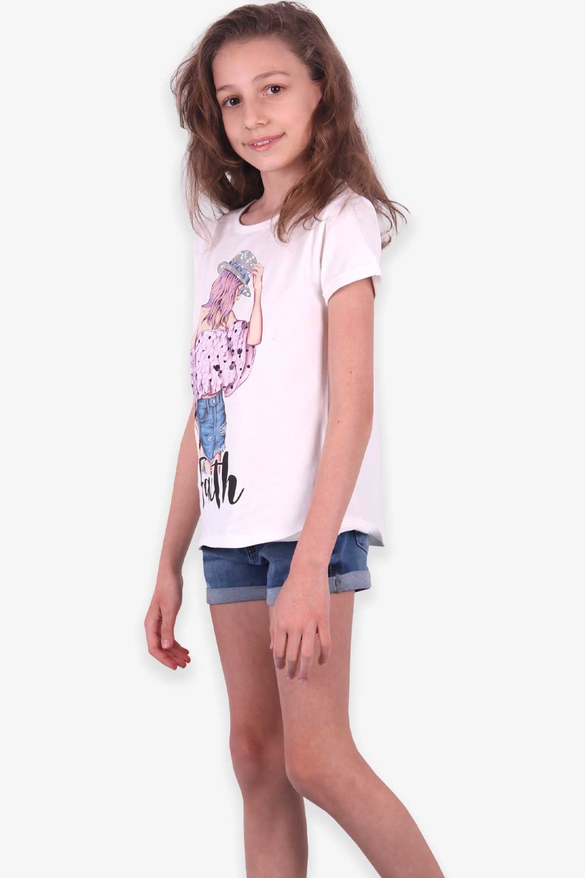 Breeze Kız Çocuk Tişört Şapkalı Kız Baskılı Pullu Beyaz (10-14 Yaş)