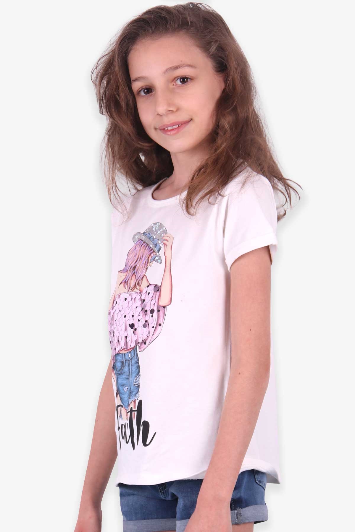 Breeze Kız Çocuk Tişört Şapkalı Kız Baskılı Pullu Beyaz (10-14 Yaş)