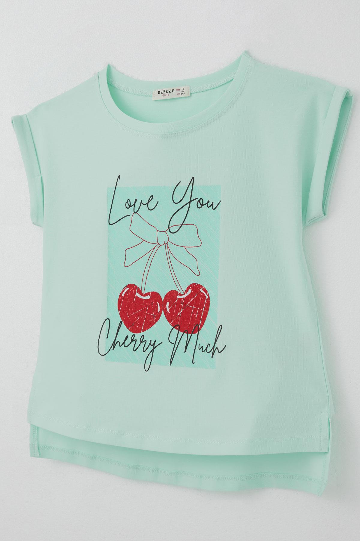 Breeze Kız Çocuk Tişört Sevgi Temalı Kalp Fiyonk Baskılı Su Yeşili (10-16 Yaş)