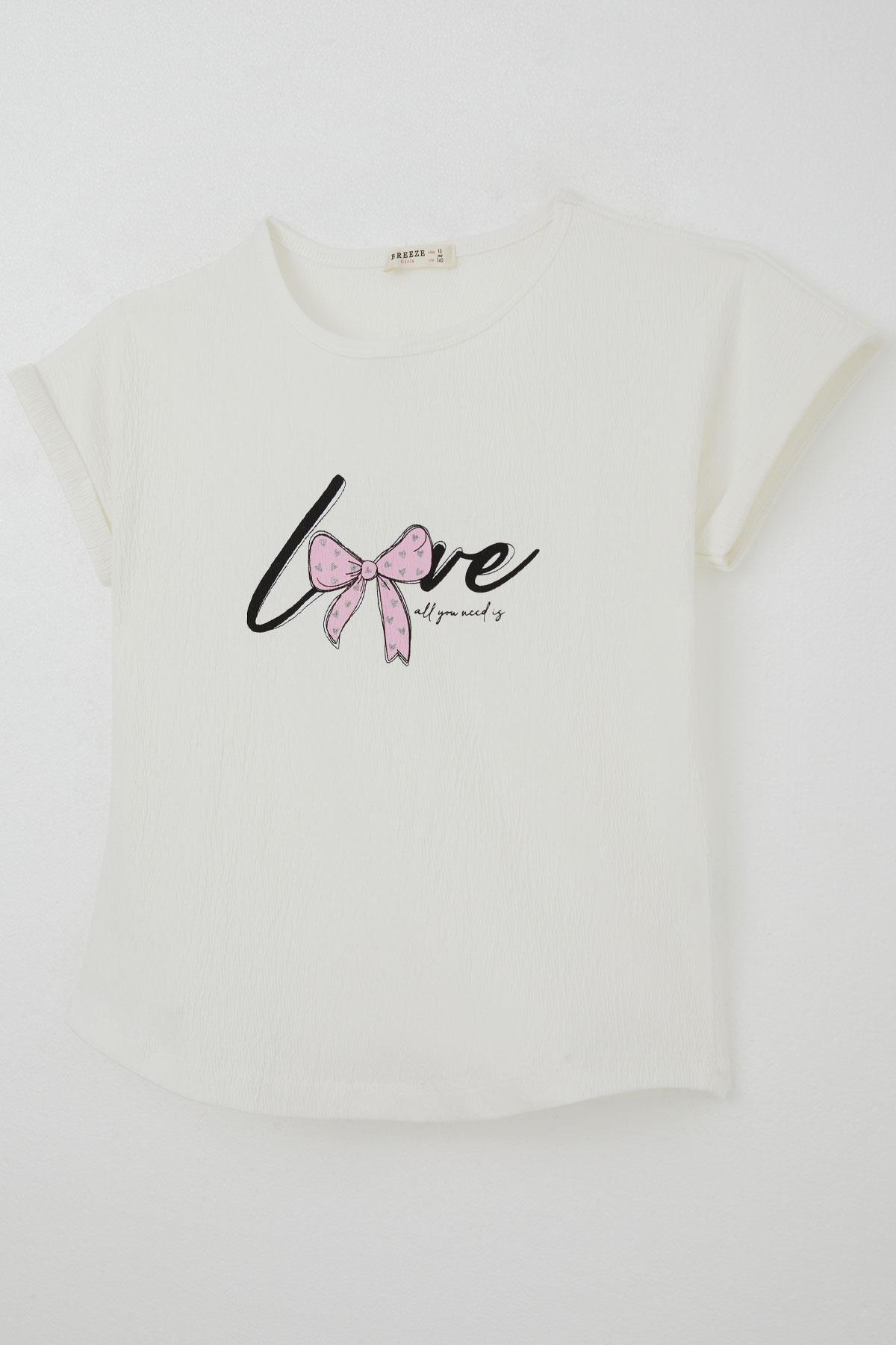 Breeze Kız Çocuk Tişört Sevgi Temalı Yazı Baskılı Simli Ekru (9-14 Yaş)