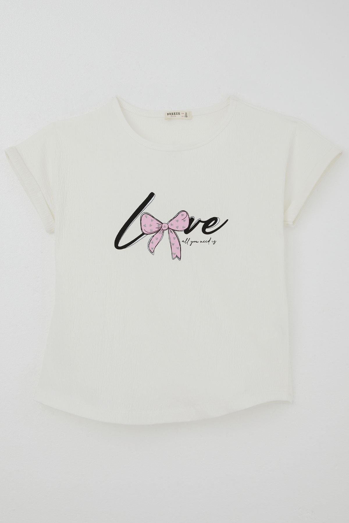 Breeze Kız Çocuk Tişört Sevgi Temalı Yazı Baskılı Simli Ekru (9-14 Yaş)
