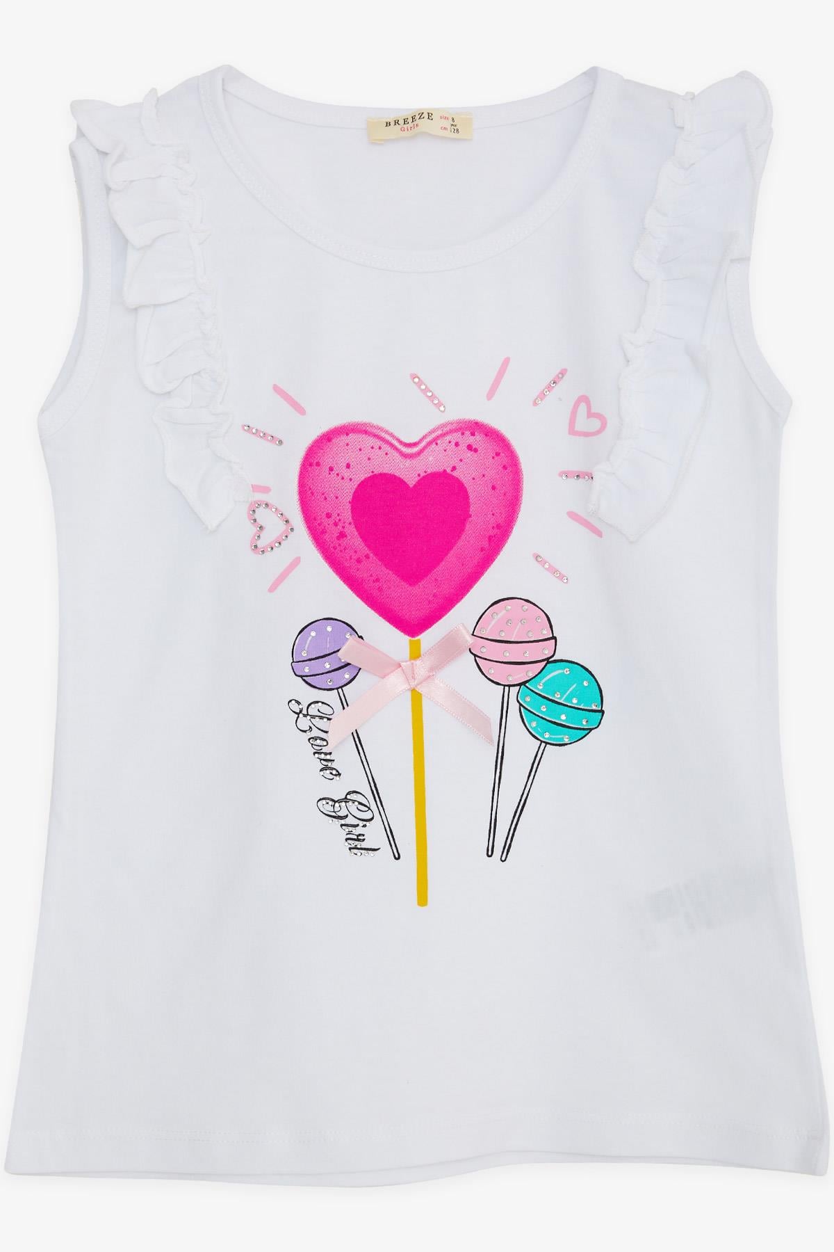 Breeze Kız Çocuk Tişört Sıfır Kol Lolipop Baskılı Beyaz (4-8 Yaş)