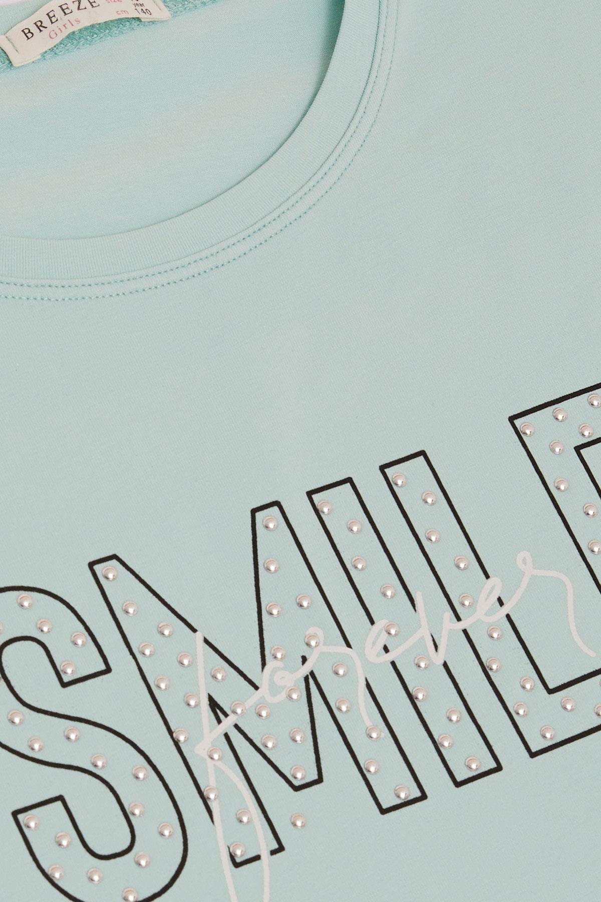 Breeze Kız Çocuk Tişört Smile Yazı Baskılı Taşlı Su Yeşili (9-16 Yaş)