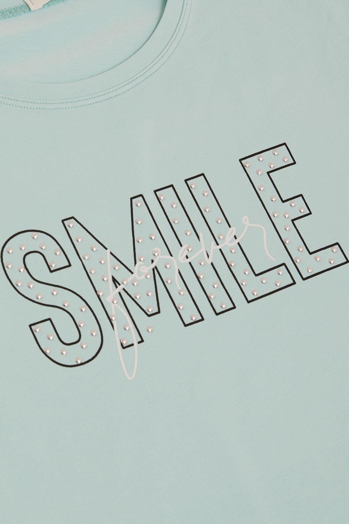 Breeze Kız Çocuk Tişört Smile Yazı Baskılı Taşlı Su Yeşili (9-16 Yaş)