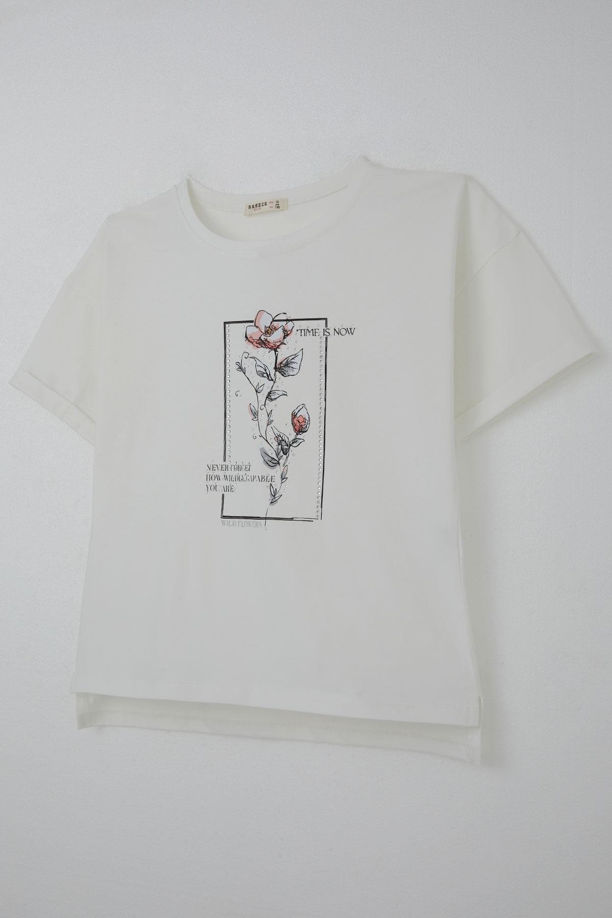 Breeze Kız Çocuk Tişört Taş Aksesuarlı Çiçek Baskılı Ekru (9-16 Yaş)