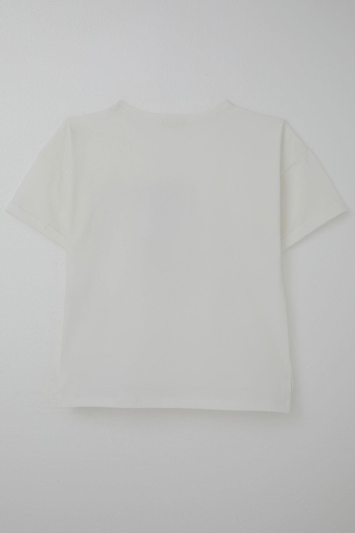 Breeze Kız Çocuk Tişört Taş Aksesuarlı Çiçek Baskılı Ekru (9-16 Yaş)