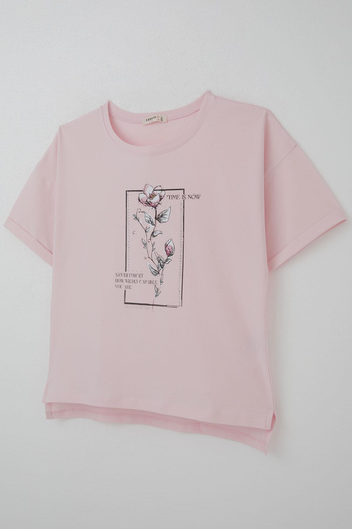 Breeze Kız Çocuk Tişört Taş Aksesuarlı Çiçek Baskılı Pembe (9-16 Yaş)