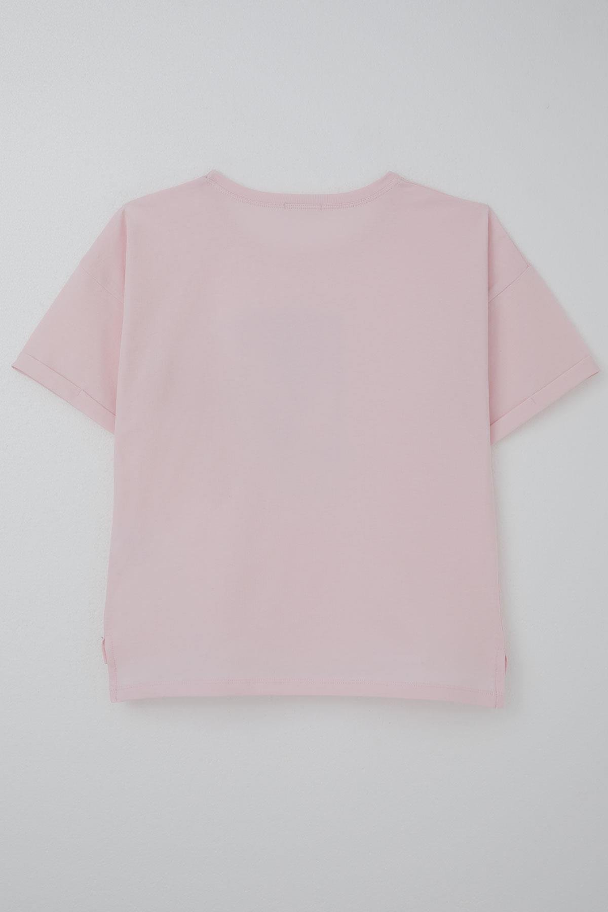 Breeze Kız Çocuk Tişört Taş Aksesuarlı Çiçek Baskılı Pembe (9-16 Yaş)