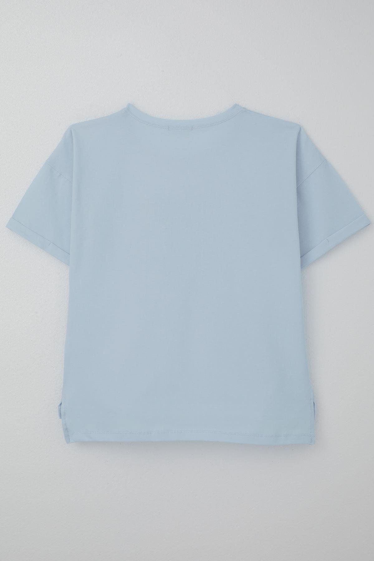 Breeze Kız Çocuk Tişört Taş Aksesuarlı Çiçek Baskılı Açık Mavi (9-16 Yaş)