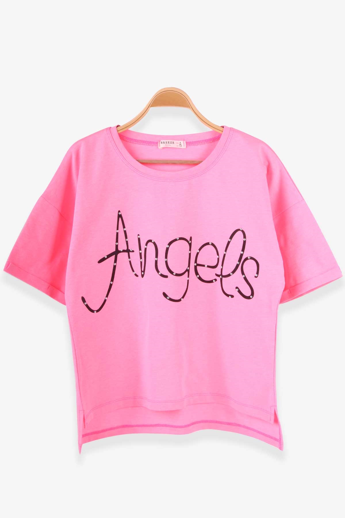 Breeze Kız Çocuk Tişört Taşlı Yazı Baskılı Neon Pembe (9-16 Yaş)