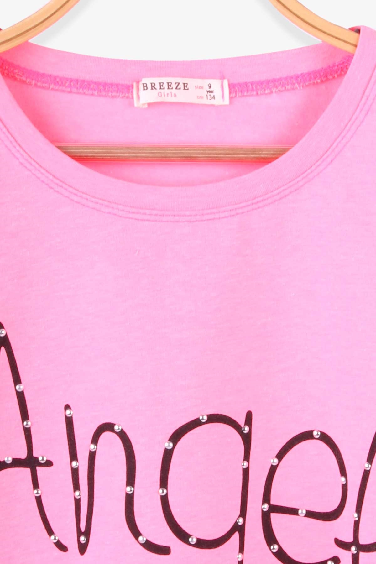Breeze Kız Çocuk Tişört Taşlı Yazı Baskılı Neon Pembe (9-16 Yaş)