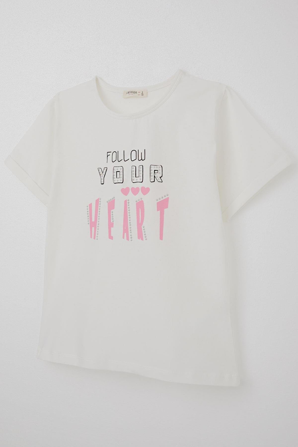 Breeze Kız Çocuk Tişört Taşlı Yazı & Kalp Baskılı Ekru (8-14 Yaş)