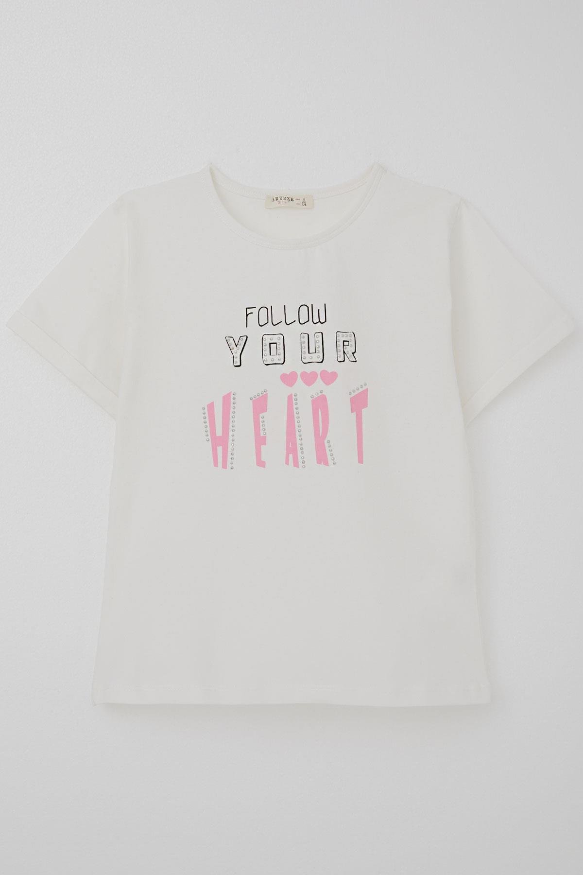 Breeze Kız Çocuk Tişört Taşlı Yazı & Kalp Baskılı Ekru (8-14 Yaş)